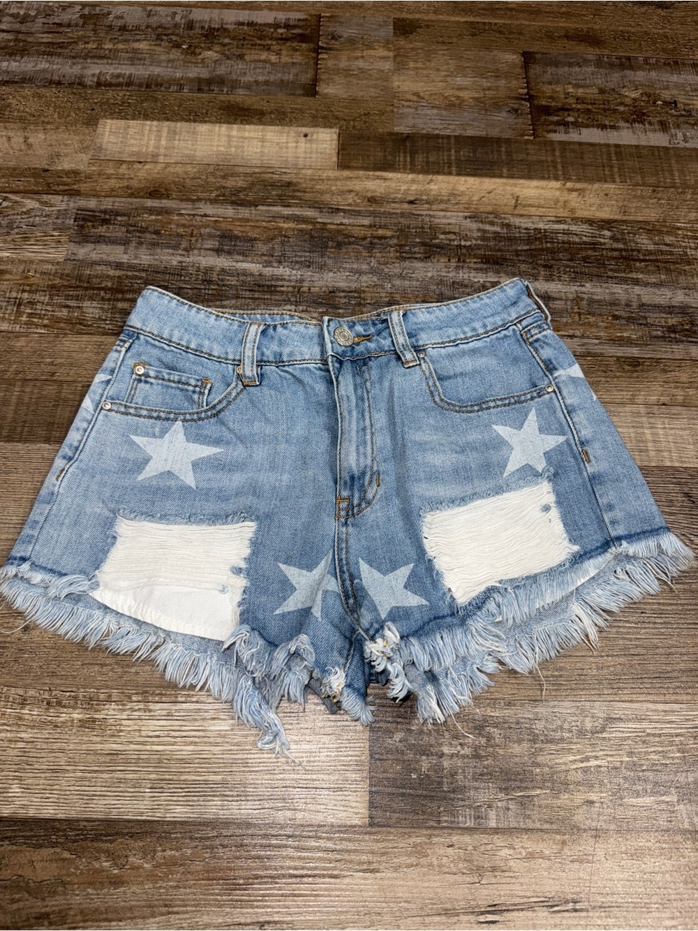 Refuge Star Print Distressed Denim Cutoff Shorts High Rise Frayed Hem Size 4